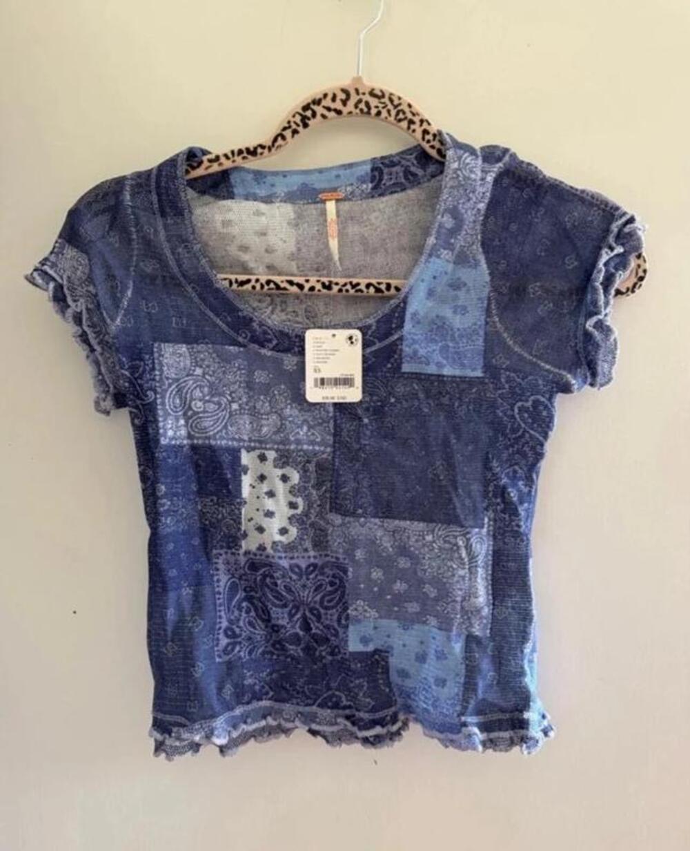 Free People Blue Bandana Print Ruffle Tee
